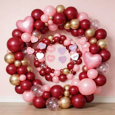 111pcs Mother's Day Balloon Arch Set, Romantic Atmosphere Balloon Garland Set, Metal Golden, Red, Rose Pink, Pinkish-Pink Sequined Natural Latex Balloons And Pink Heart Aluminum Foil Balloons, Suitable For Mother's Day, Valentine's Day, Wedding Day, Engagement Day, Spring Celebration, Summer Party