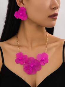 Set de 3 piezas con collar con colgante de flor elegante y exquisito y aretes a juego, adecuado para fiestas de noche, reuniones, vacaciones y regalos para el Día de la Madre, San Valentín. - Amarillo Oro - Ver 3