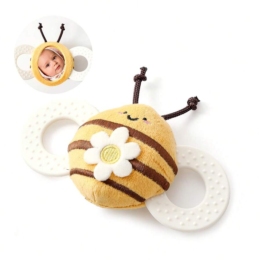 Velvet Baby Rattle Bee Toy, Multi-Functional Rattle, Silicone Teether, Distracts Baby's Attention, Reversible Mirror, Educational Toy, Baby's First Rattle, Helps Free Mom's Hands