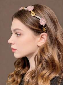 1件玫瑰粉色花朵和仿珍珠装饰波西米亚风发箍，优雅发饰，适合日常、上学、海滩、度假、工作、通勤、派对、母亲节礼物、发夹、发卡、教师节礼物、女士发饰 - 粉色 - 查看 2
