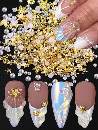 200pcs Per Of Ocean-Themed Metal Nail Decorations Featuring 3D Golden Starfish, Shell, And White Pearl Charms For Manicure And Nail Art Additions
