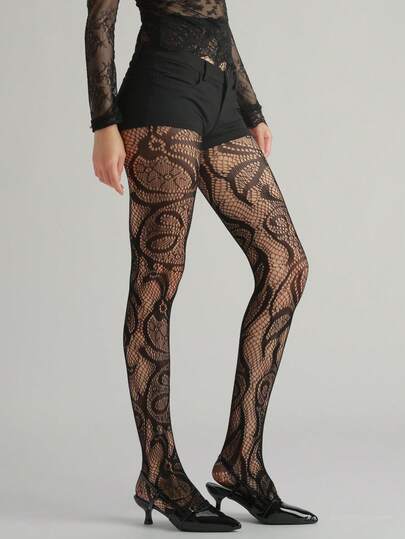 1pc Women's Sexy Skinny Pants, Asymmetrical Vintage Floral Pattern Jacquard Hollow Fishnet Stockings, Thin Goth Style Tights, Black Pantyhose, Versatile For Spring/Summer, Suitable For Halloween, Christmas