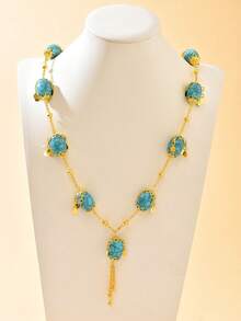 奢华仿绿松石串珠项链，中东风格吊坠项链，百搭颈链，女士饰品 - 均碼 - 查看 2