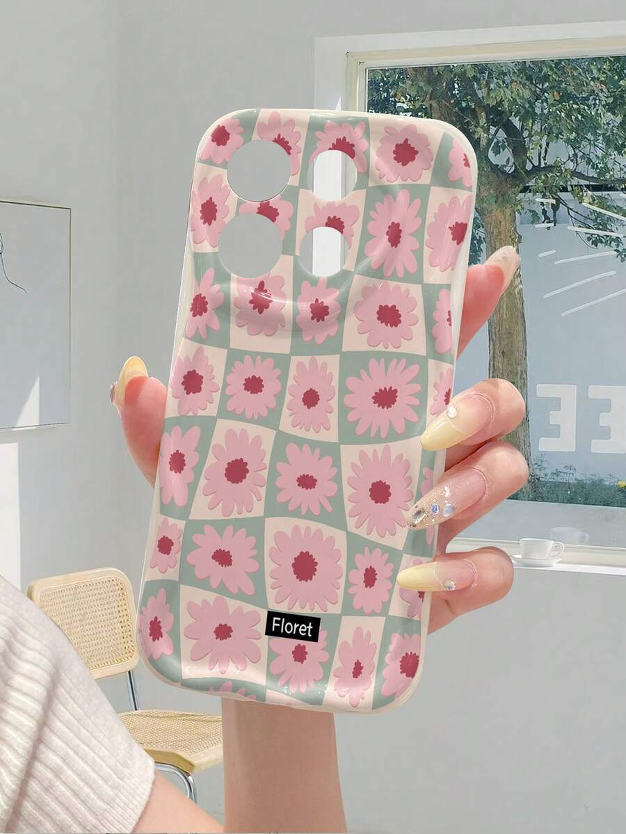 1pc Asymmetrical Floral Pattern Cream Marble Texture Thick Anti-Drop Lens Protection Phone Case, Suitable Compatible With Iphone/ Galaxy/Transsion, Fashionable And Protective Choice For Users - White - View 1