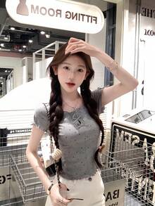 Áo sơ mi cotton tay ngắn cổ tròn khoét lỗ nơ mùa hè cho nữ, trẻ trung - Xám - Xem 4