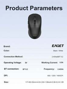EAGET 无线光电鼠标，可充电，2.4G 和蓝牙 5.2 双模无线鼠标，3 档可调，1600 DPI，静音点击，6 键人体工学鼠标，适用于 PC/笔记本电脑 - 查看 10