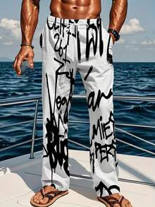 A Pair Of Black And White Egyptian Printed Comfortable Woven Fabric Elegant Men's Straight-Leg Pants, A Great Gift For Brothers, For Summer Yachting Trips, In Black And White Color-Blocking - Nhiều màu - Xem 3