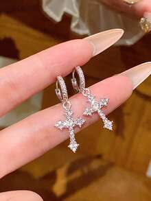 1 par de pendientes de aro con cruz incrustados de brillantes, elegantes y versátiles, de estilo de nicho de lujo para mujeres - Plateado - Ver 3