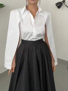 Women's Solid Color Split Long Sleeve Single-Breasted Casual Shirt, Spring/Summer White - White - View 4