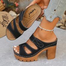 女士高跟凉鞋，纯色，魔术贴，防水厚底，宽楦，轻便舒适粗跟，休闲/工作两用拖鞋，简约夏季沙滩人字拖 - 黑色 - 查看 10