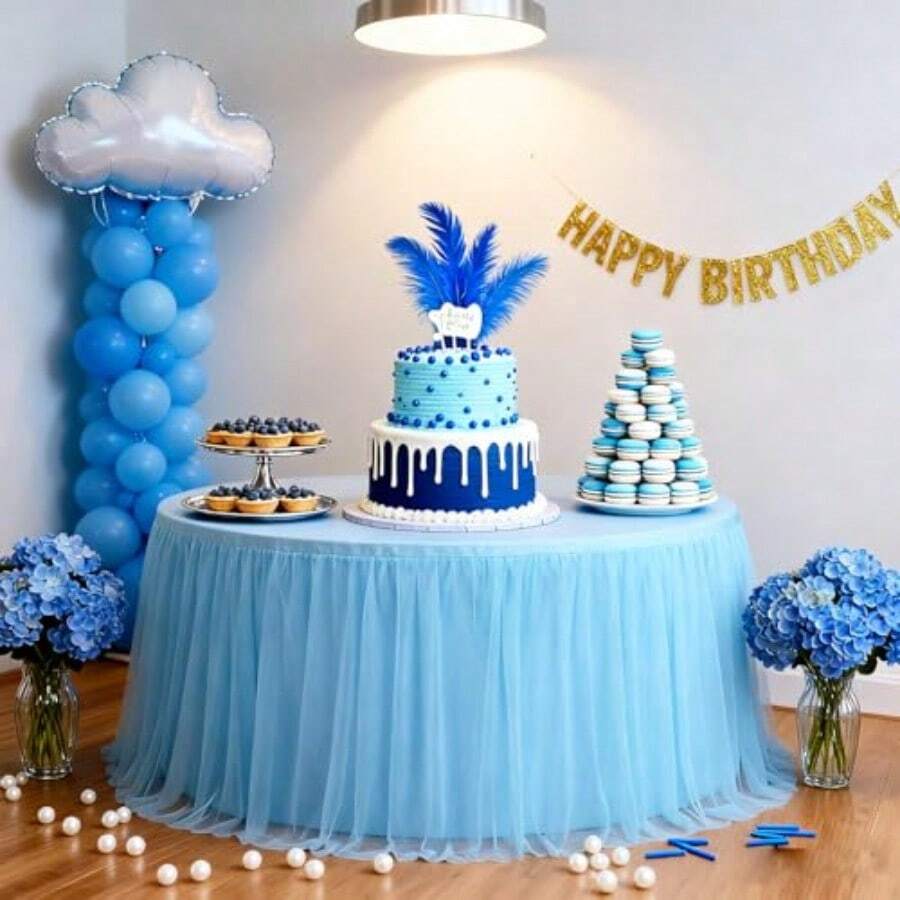 Falda de mesa de tul 2 en 1 azul de 48 pulgadas para mesa redonda de 4 pies cubierta ajustada de elastano elástico ligera y elegante con volantes resistente a las arrugas para bodas cumpleaños - Azul - Ver 1