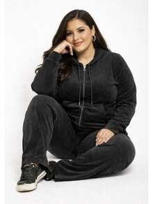 Pietra Plus Size Fleece Set, Autumn/Winter Collection, Women's Fashion, Super Versatile - Black - View 2