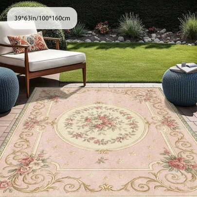1pc Vintage European Style Light Pink Bohemian Pattern Outdoor Rug, Made Of Plush Plush Material, 850g/㎡ Weight, Non-Slip Dotted Plastic Backing. Easy To Clean, Machine Washable, Suitable For Patio, Picnic Areas