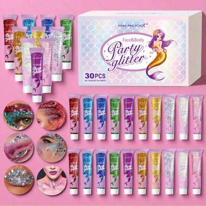 30片/盒装，包含面部闪粉、身体闪粉、透明白色闪粉啫喱、头发闪粉啫喱，多种形状闪粉，美人鱼亮片妆容，面部彩绘，适用于音乐节、嘉年华派对，礼品套装