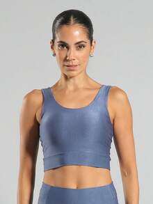 FITNATION Leggings Set With Waistband Pocket + Longline Cropped Top In Micro-Ribbed Fabric With SHINE And HIGH Elasticity And Support. - Indigo Blue - View 5
