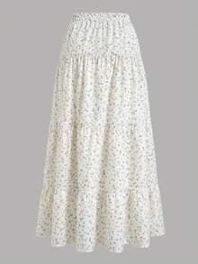 EARO Women's Ditsy Floral Long Dress, Multi-Layer Design Fabric, Non-Stretch Elastic Waist, Fashion Elegant Versatile Loose Fit Slimming - Apricot - View 2