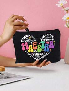 Multi-Color "Maestra" Letter & Heart Pattern Cosmetic Bag, Cute Large Capacity Storage Pouch, Daily Toiletry Makeup Bag, Multifunctional Storage Bag, Lightweight Travel Handbag, Exquisite Gift, Travel Souvenir For Friends, Essential Travel Storage Bag, Suitable For Work, School, Travel, Picnic, Camping, Outdoor Adventure, Valentine's Day Gift - Multicolor - View 7