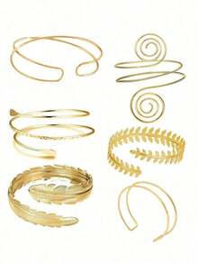 6pcs Set Geometric Metal Armband Exaggerated Leaf Bracelet Set, Suitable For Party, Gift, Daily Wear - Vàng - Xem 4