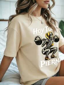 [Lunar Apex]Women's Casual Fitness Graphic-Shirt - Hoy Toca Pierna Skeleton Weightlifting Design, Black Short Sleeve Tee Spring/Summer, Comfortable And Stylish Activewear, Gym Shirts, Summer Fashion Top, Playful Design Top, Durable Print Shirt - 杏色 - 查看 3