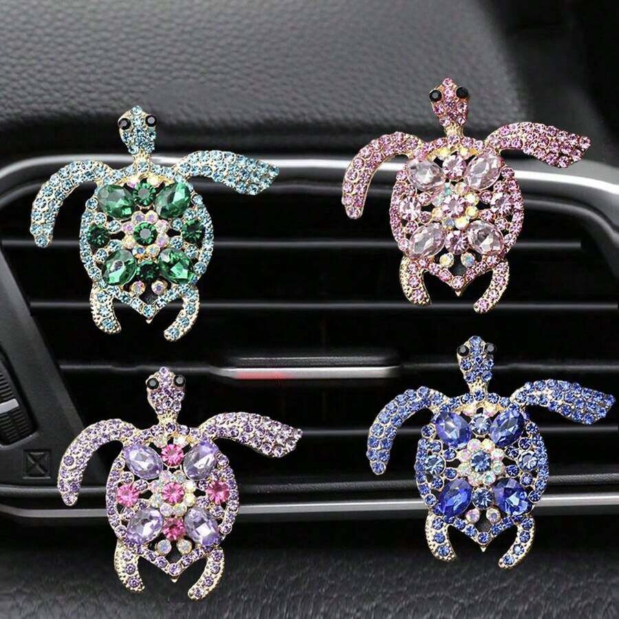 1pc/3pcs Rhinestone Inlaid Colorful Gem Turtle Decor Car Air Vent Fragrance Clip, Creative Car Interior Aroma Diffuser - 1pc-green - View 1