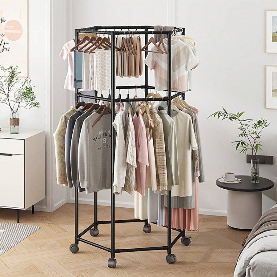 Perchero de Pie Hexagonal Giro, Perchero para Dormitorio, Cuerda de Secar Ropa Interior, Organizador Móvil de Ropa y Sombreros, Doble Capa y Desmontable - negro - Ver 1