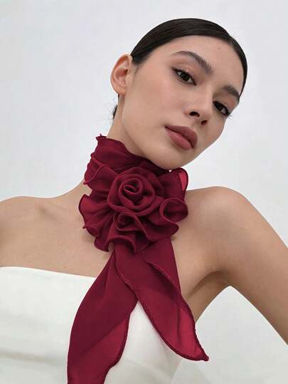 1pc Women's Rose Floral Solid Color Chiffon Scarf, New Cute Lightweight Shawl With Elegant Versatile Long Tie, Skin-Friendly Material, Can Be Used As Headband, Hair Tie, Ideal For Valentine's Day Outfit