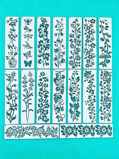 16件套藤蔓花卉叶子植物手工印花图案塑料模板，适用于木板、织物、墙面、玻璃、纸张印刷遮蔽工具