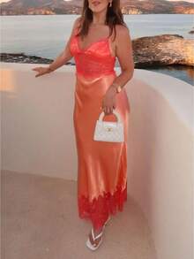 Women's Lace Patchwork Dress Summer Spaghetti Strap Sleeveless Deep V Neck Cami Dress - Burnt Orange - View 1