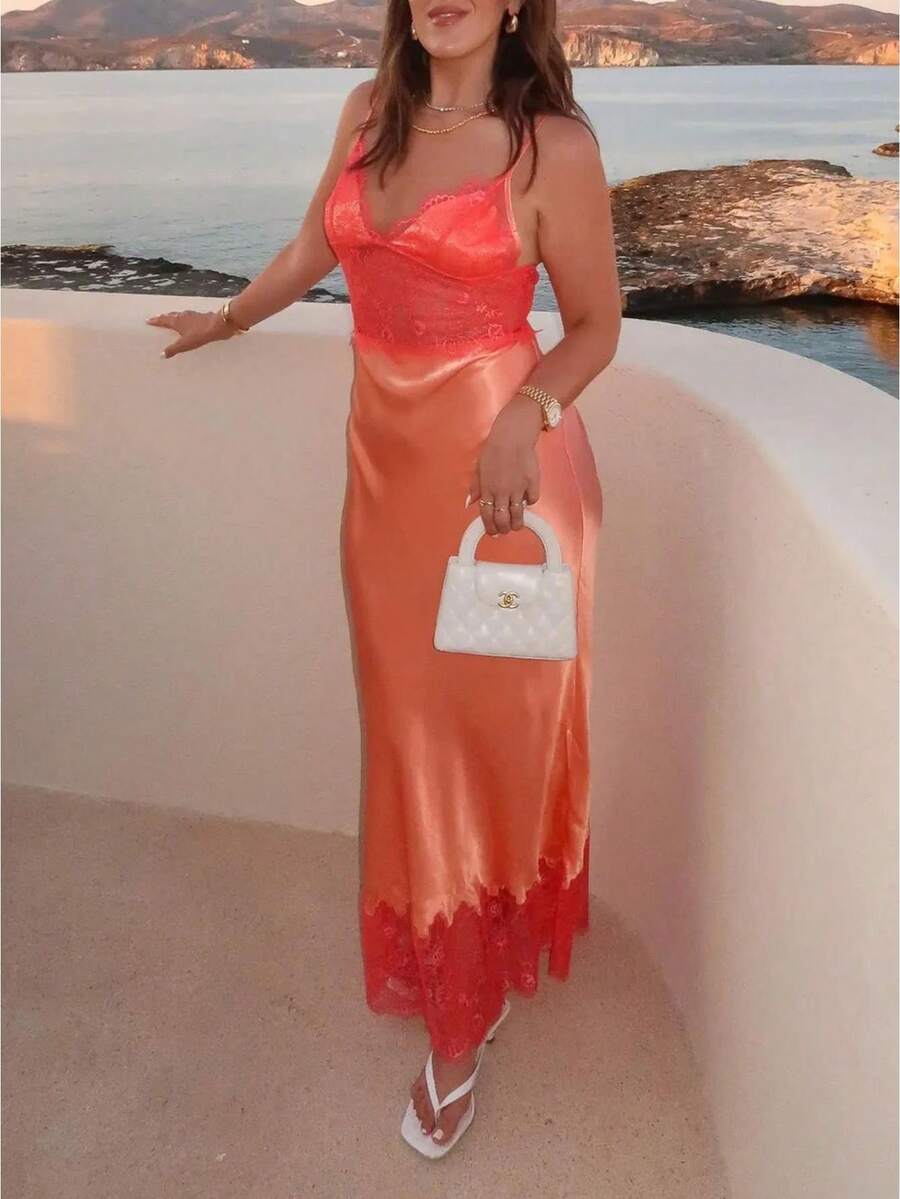 Women's Lace Patchwork Dress Summer Spaghetti Strap Sleeveless Deep V Neck Cami Dress - Burnt Orange - View 1