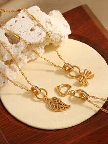 1 Bohemian 18K Gold Plated Charm Necklace, Bow, Leaf And Heart-Shaped Pendant, Suitable For Women's Party And Vacation Daily Accessories - Gold - View 4