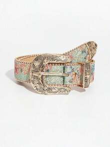 1pc Women's Multicolor Asymmetrical Flower Embossed With Gold Plated Palace Style Carved Metal Buckle Waist Belt, Versatile Accessory For Jeans Summer, School Fall, Autumn, Halloween L8JQ - 雕刻牛頭圖案皮帶扣,淺綠色印花 - 查看 6