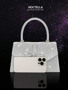 Noctella 闪亮优雅的迷你蝴蝶结女士晚宴包，时尚纯色褶皱翻盖手提包，搭配奢华闪亮水钻三件套（项链、手链和耳环），可与晚礼服、派对礼服和婚纱完美搭配，适合晚宴、派对、舞会和毕业典礼等场合。 - 銀色 - 查看 6