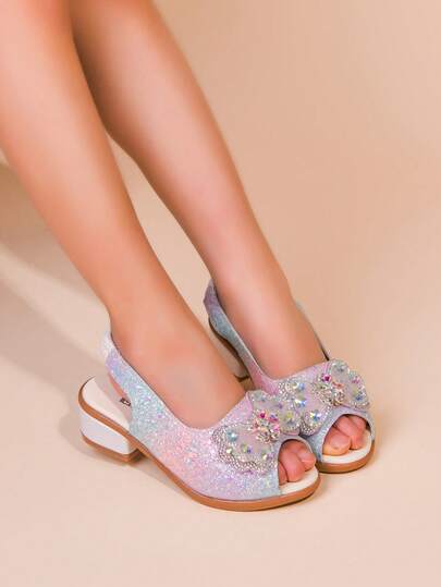 Girls' Rhinestone Bow Decor Peep-Toe Design Ankle Strap Sandals, Princess Shoes Suitable For Party, Vacation, Evening Dress