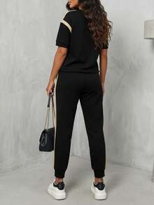 Conjunto de 2 piezas de mujer con camiseta de cuello redondo de manga corta con rayas de contraste y pantalón lápiz de cintura elástica recto, adecuado para primavera, verano y otoño, elegante en negro - Negro - Ver 5