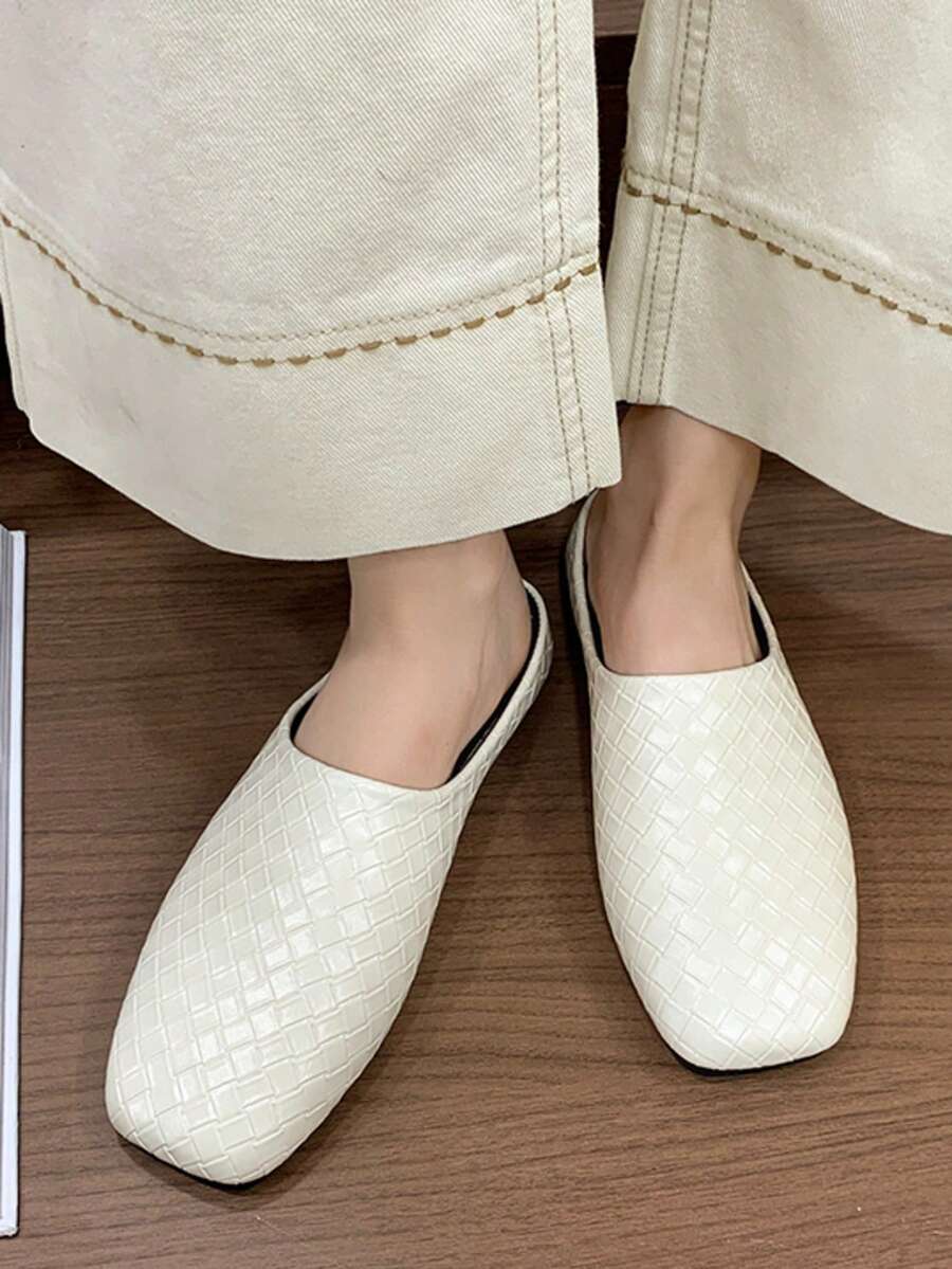 女士时尚平底套脚鞋,方头无后跟穆勒鞋,仿编织PU拖鞋,休闲日常穿着 - 米色 - 查看 1
