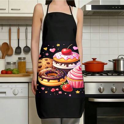 1 pieza Delantal con tema de postres, diseñado con patrones de magdalena, rosquilla, galleta y cereza, ideal para entusiastas de la repostería y la cocina, una gran idea de regalo