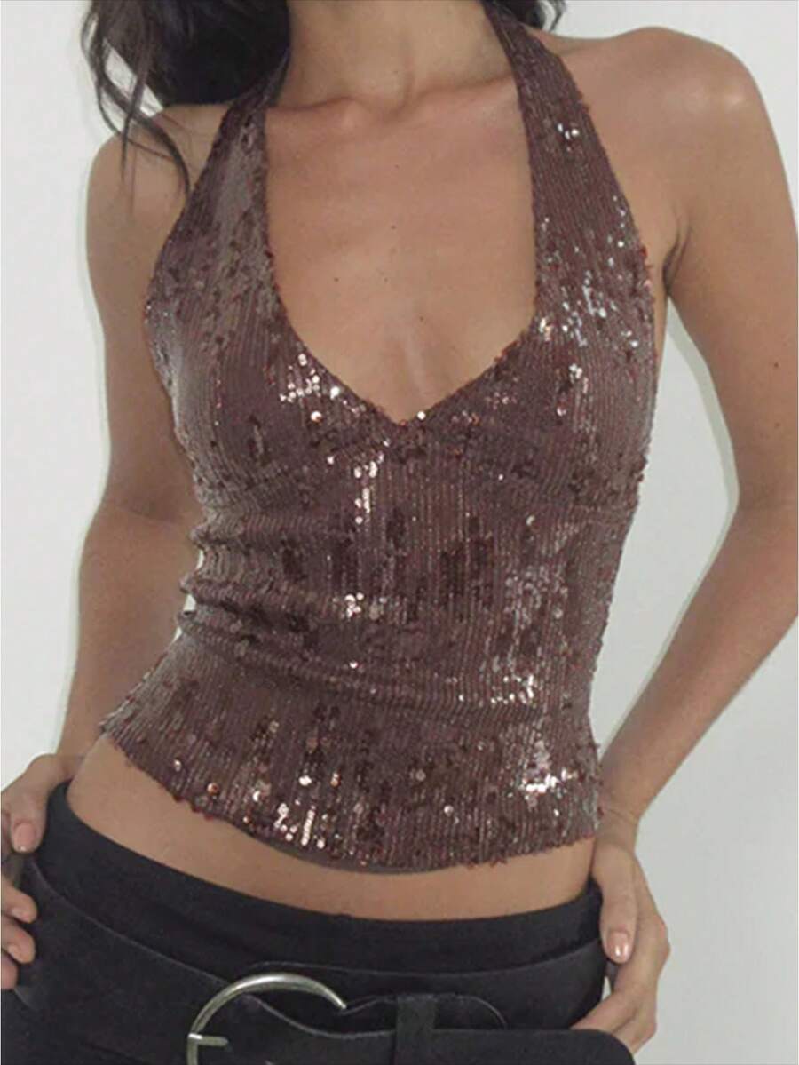 Camiseta de tirantes de mujer de verano con cuello halter de escote profundo en V, espalda descubierta, ajuste ceñido, con lentejuelas de color sólido. Camiseta suave para fiesta y citas - Marrón claro - Ver 1