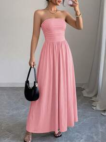 Women Summer Strapless Dress Sleeveless Tube Dress Ruched Flowy Side Pocket Bandeau Maxi Dress Casual Spring Vacation Holiday Beach Cocktail Wedding Guest Midi Dresses Outfits - 粉色 - 查看 1