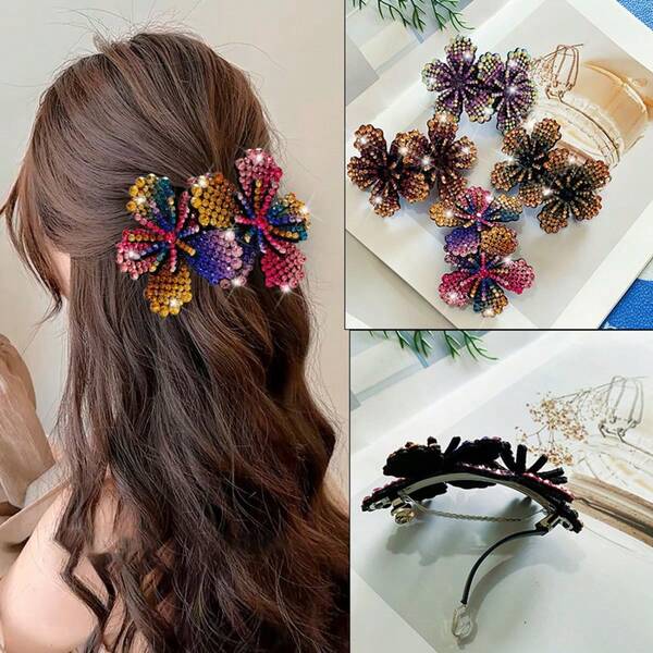 1pc Elegant Floral & Rhinestone Decorated Hair Clip, Fashionable Hairpin Barrette, Versatile Spring Clamp Hair Accessory For Women, Suitable For Office, Casual, Party, Dating, Outdoor Activities
