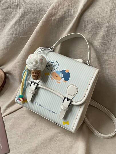 Ba lô nữ thời trang in hình hoạt hình kẻ sọc, túi xách mini, túi đeo vai, túi đeo chéo, kiểu dáng sinh viên (không có mặt dây chuyền)