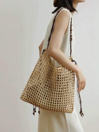 Summer Vacation Style Handwoven Straw Tote Bag, Hollow Raffia Shoulder Handbag For Women, Large Capacity