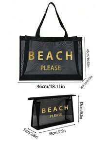 大容量网眼沙滩包套装，“BEACH PLESE”图案网眼袋，金色亮片字母，化妆包，镂空网眼沙滩手提包，网眼化妆收纳袋，可折叠大容量游泳包，字母装饰网眼沙滩手提包 - 彩色 - 查看 11