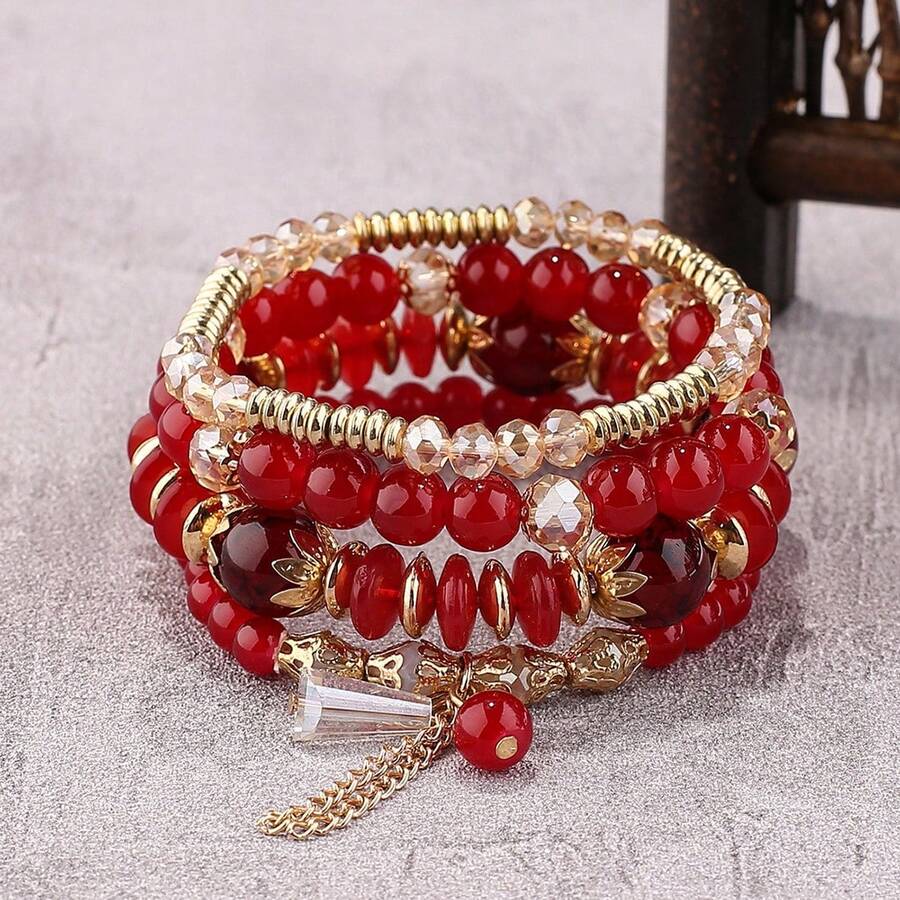 4件套波西米亚风玻璃水晶流苏手链，女士日常佩戴 - 紅色 - 查看 1