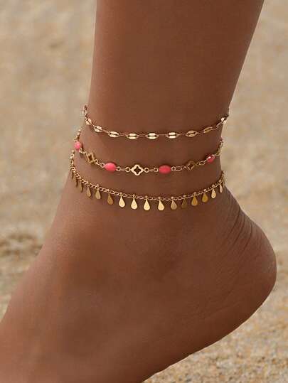 3pcs/Set Minimalist Teardrop Tassel Handmade Chain Four-Leaf Clover Decor Anklet, Multi-Layer Wear, Gold Color Foot Jewelry Suitable For Daily Outfit And Date Photo Shoot, Chain Length Customizable