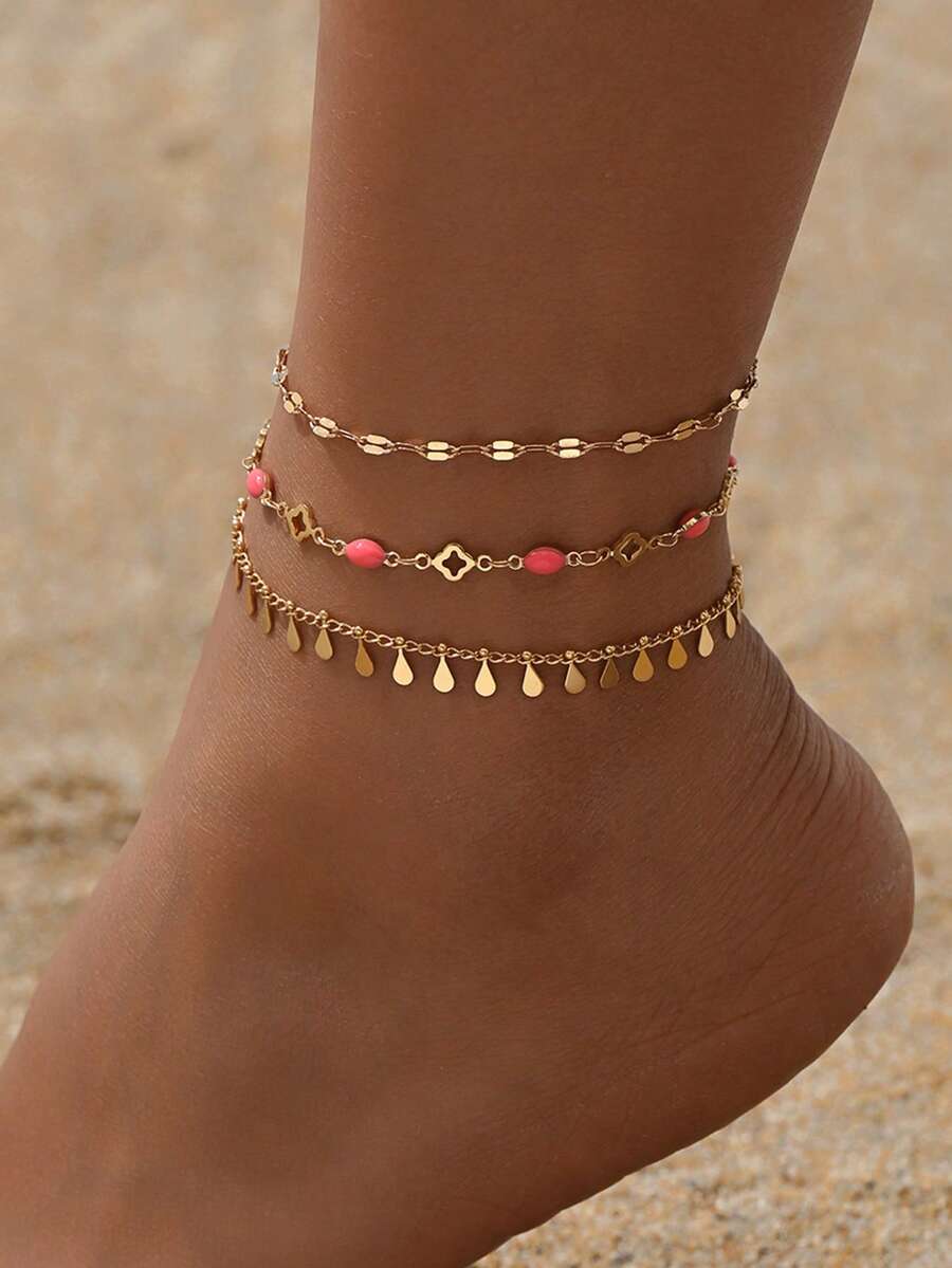 3pcs/Set Gelang Kaki Minimalis Rumbai Bentuk Tetesan Air Mata Buatan Tangan dengan Dekorasi Daun Semanggi Empat Kelopak, Dapat Dipakai Berlapis-lapis, Perhiasan Kaki Warna Emas Cocok untuk Pakaian Sehari-hari dan Pemotretan Kencan, Panjang Rantai Dapat Disesuaikan - MultiWarna - View 1