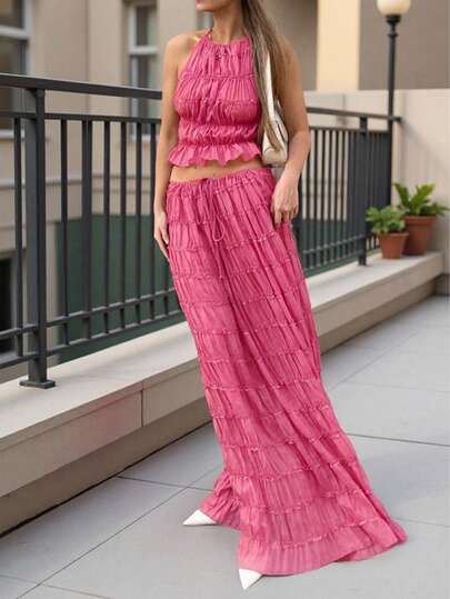 Chiffon Multi-Layer Pleated Lace Trim Halter Backless Maxi Skirt Set, Romantic Elegant 2 Pieces Set For Women, Suitable For Carnival Party, Party, Goth, Wedding#Two Pieces Set,Women's 2026 Spring Summer,Wedding Season,Music Festival,Back To School Season