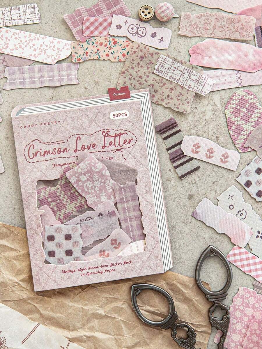 CANDY POETRY 50pcs/Pack Vintage Fabric Tear Stickers, Creative Aesthetic Craft Stickers For DIY Scrapbook Decorations, Holiday Gifts, Personalized Scrapbooking & School Supplies, School Supplies, Back To School - Pink - 查看 1
