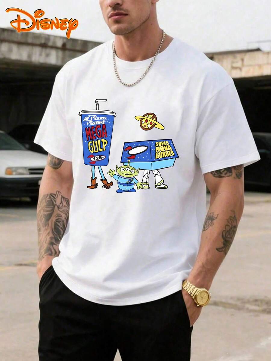 Disney Men's Casual T-Shirt, Pizza Planet Alien Meal Print, Nostalgic & Playful Design, Ideal For Toy Story Fans & Casual Fun - White - View 1