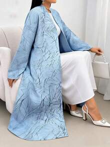 Plus Size Women Plant Pattern Long Sleeve Loose Arabic Abaya Vacation Spring - Blue - View 4