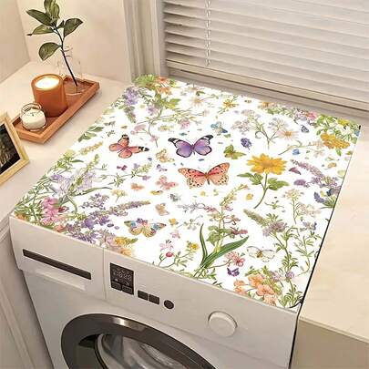 1pc Butterfly & Flower Print Kitchen Cabinet Countertop Bowl Dish Drying Mat, Super Absorbent, Hides Stains, Rubber Backed Multi-Purpose Dining & Home Mat, Suitable For Coffee Maker, Dish Rack, Countertop, Washing Machine, Espresso Machine
